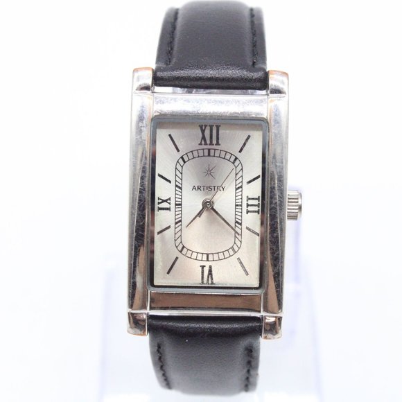 Vintage Artistry Watch Mens Silver Tone Stainless Steel Black Leather Band - Picture 1 of 8